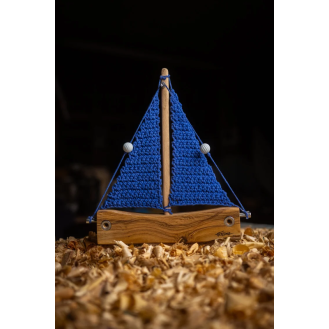 Olive wooden boat with knitted sails blue colour