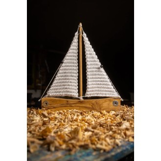 Olive wooden boat with knitted sails white