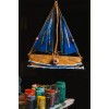 Olive wooden boat with 4 sails & greek flag blue colour. 