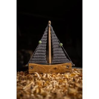 Olive wooden boat with knitted sails grey colour